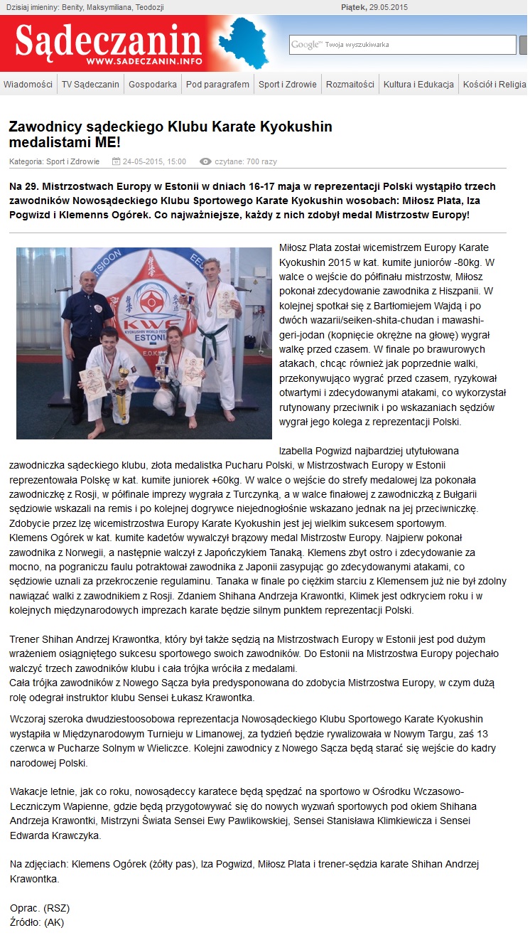 Zawodnicy sądeckiego Klubu Karate Kyokushin medalistami ME! - sadeczanin.info 29.05.2015