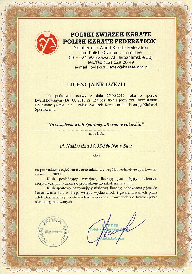 Licencja Polskiego Związku Karate